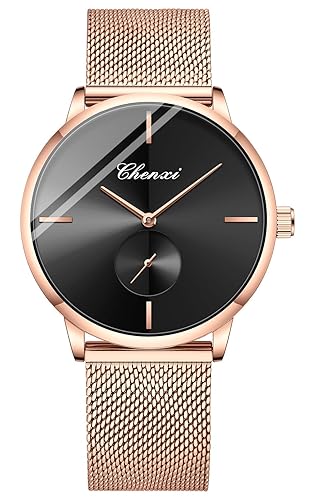 Swiss Brand Couple Watch Men Women Stainless Steel Rose Gold Mesh Strap Waterproof Watches Gift of 2 (Black)