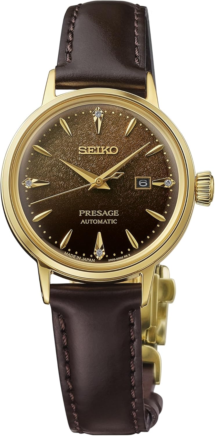 SEIKO SRE020 Presage Women's Cocktail Time Watch, Brown Dial with Diamonds, Gold-Tone Stainless Steel, Leather Strap, 50M Water Resistant