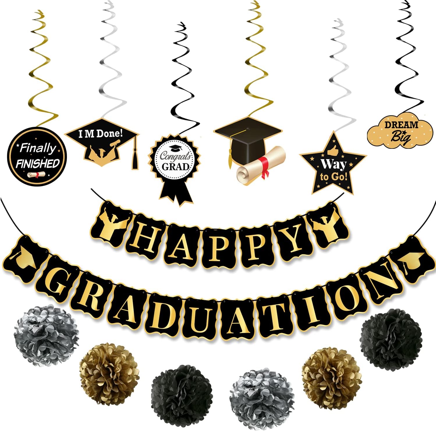 KatchOn, Happy Graduation Banner Set - Pack of 19, No DIY | Graduation Backdrop, Swirls, Pompoms for Graduation Decorations Class of 2026 | Black and Gold Graduation Decorations 2026