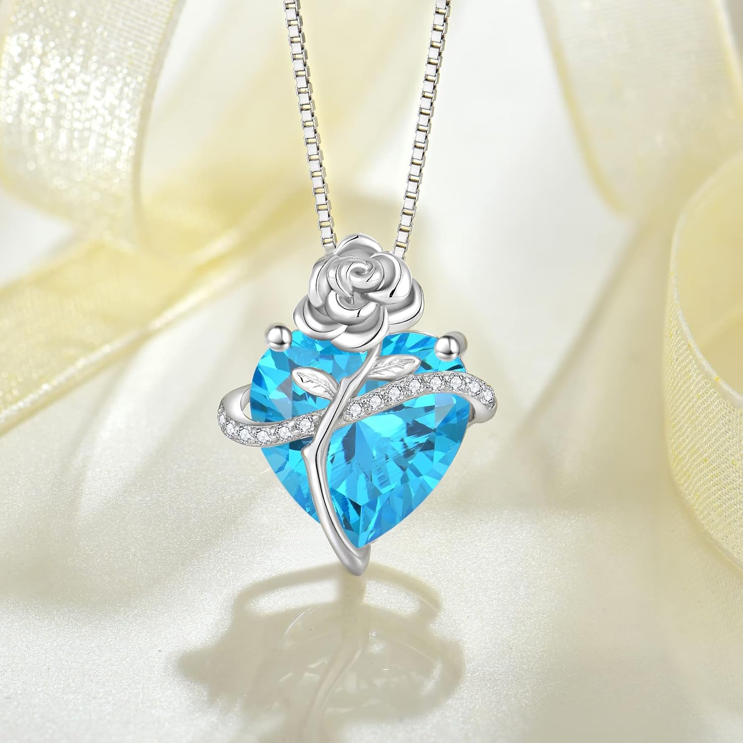 Birthstone Necklace for Women 925 Sterling Silver Love Heart Rose Flower Necklace Dainty Jewelry Gifts for Women Wife Girlfriend Mother Daughter Her - Image 4