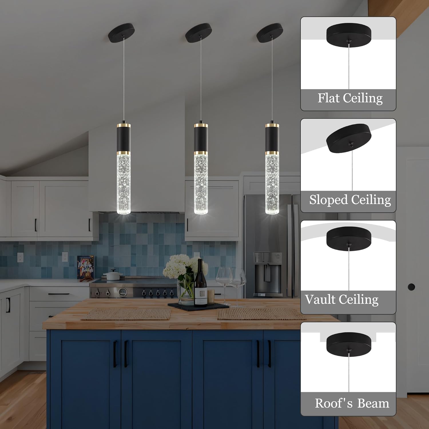 3-Pack Modern Crystal Pendant Light for Kitchen Island, Elegant Black Gold LED Bubble Hanging Chandelier Lighting Fixture for Dining Room Bedside