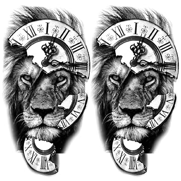 2 Sheet Lion Broken Cracked Clock Arm Temporary Tattoos for Adults
