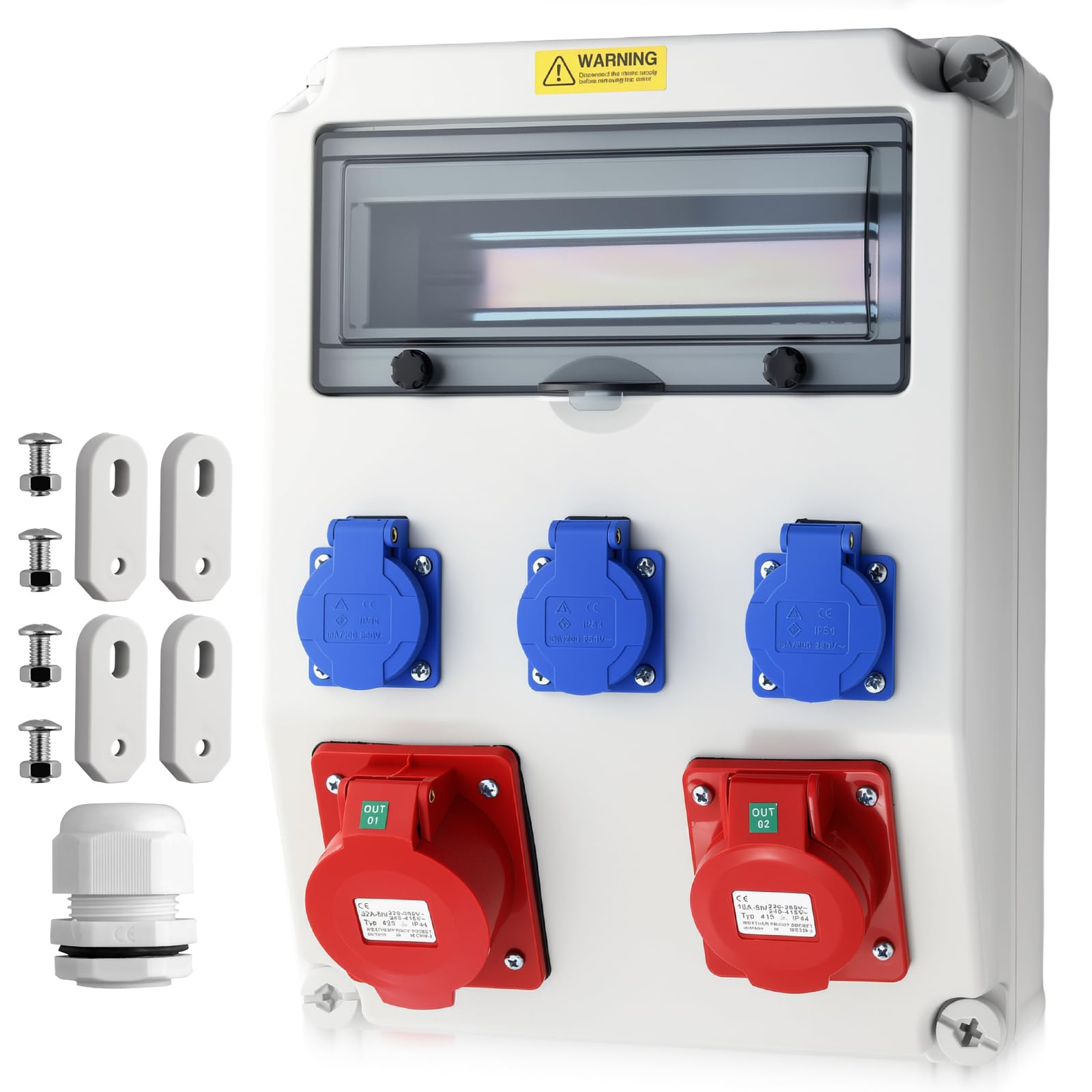 EYPINS Rozdzielacz prądu budowlanego bez LS+FI, rozdzielacz ścienny 3 x 230 V Gniazda Schuko 16 A+Wtyczki CEE 16A+32A, IP66, ognioodporne ABS do wnętrz, na zewnątrz, warsztat i fabryka
