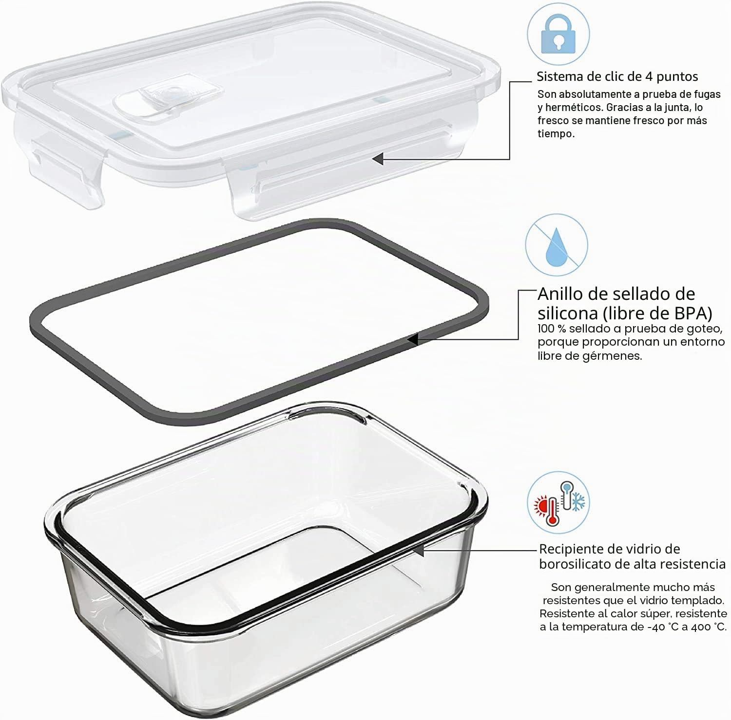 GENICOOK Fiambrera Bento con bolsa para el almuerzo/fiambrera, de cristal, perfecta para comida preparada, sin BPA, para la cocina en casa o para el uso de viaje (5 x 840 ml)