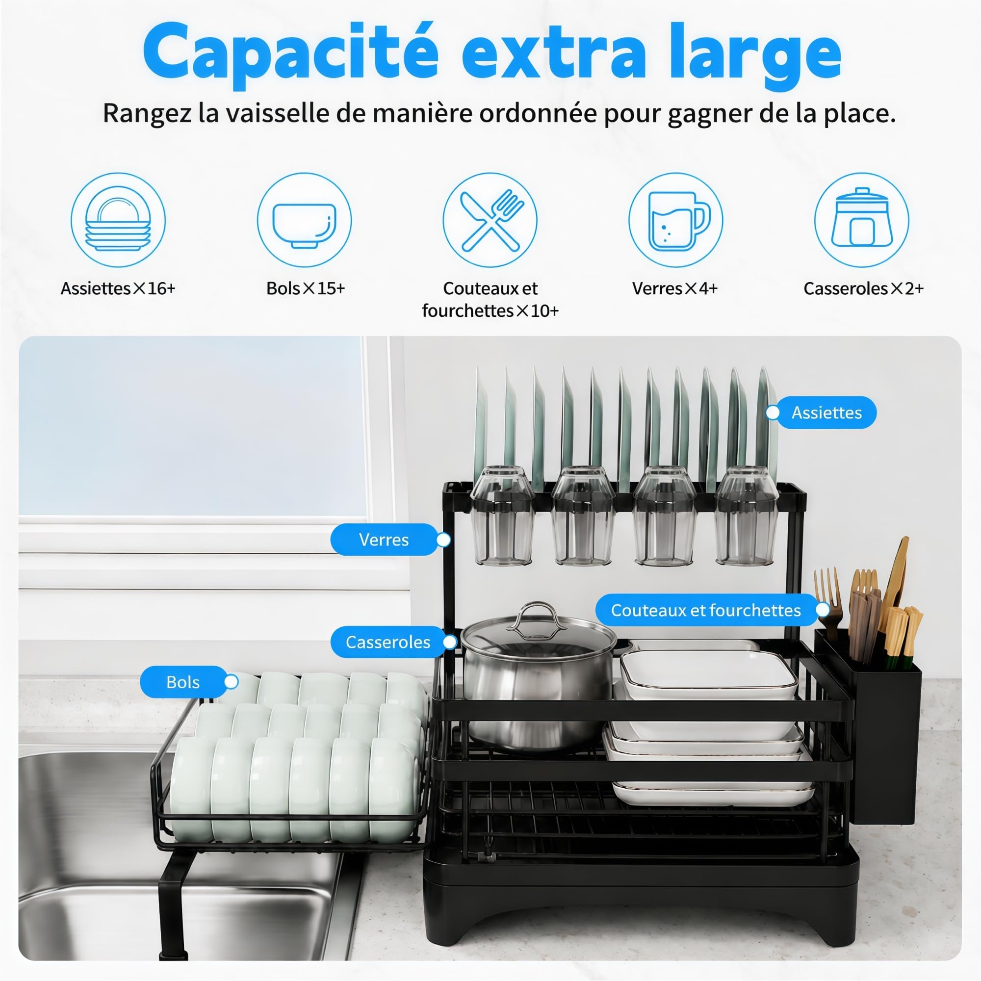 Egouttoir Vaisselle 2 Niveaux, Extensible, Grande Capacité, Noir