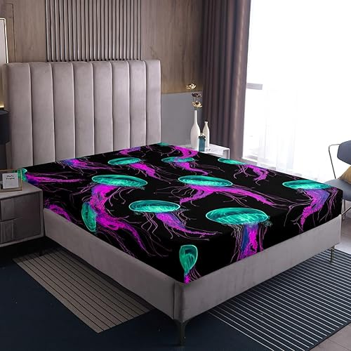 Miniatura 4 de Juego de sábanas de medusa verde azulado morado para niños y niñas, sábanas de animales marinos náuticos, sábana bajera bajo el agua de criaturas