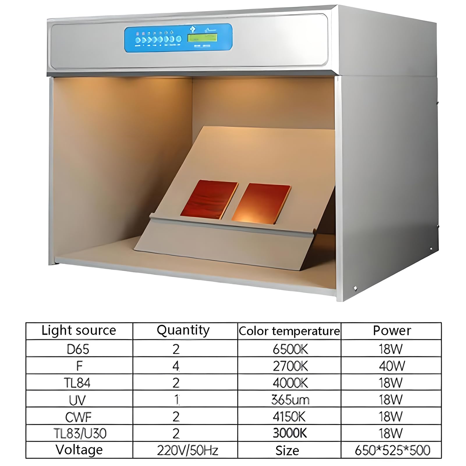 Armoire de Correspondance des Couleurs de la Source à 6 lumière - D65 / TL84 / F/UV/CWF / U30 Boîte à LED avec commutateurs individuels et journalisation d'enregistrement, 695 × 552 × 502 mm