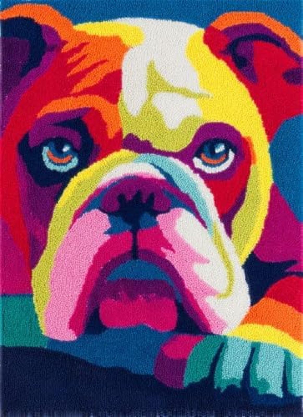 XDEGHUANGSS Latch Hook Rug Kit English Bulldog Dog Puppy Drink Juice with Pre-Printed Mat Cover DIY Cushion Crochet Yarn Hooking Craft Set for Floor Decor 38x52cm-4