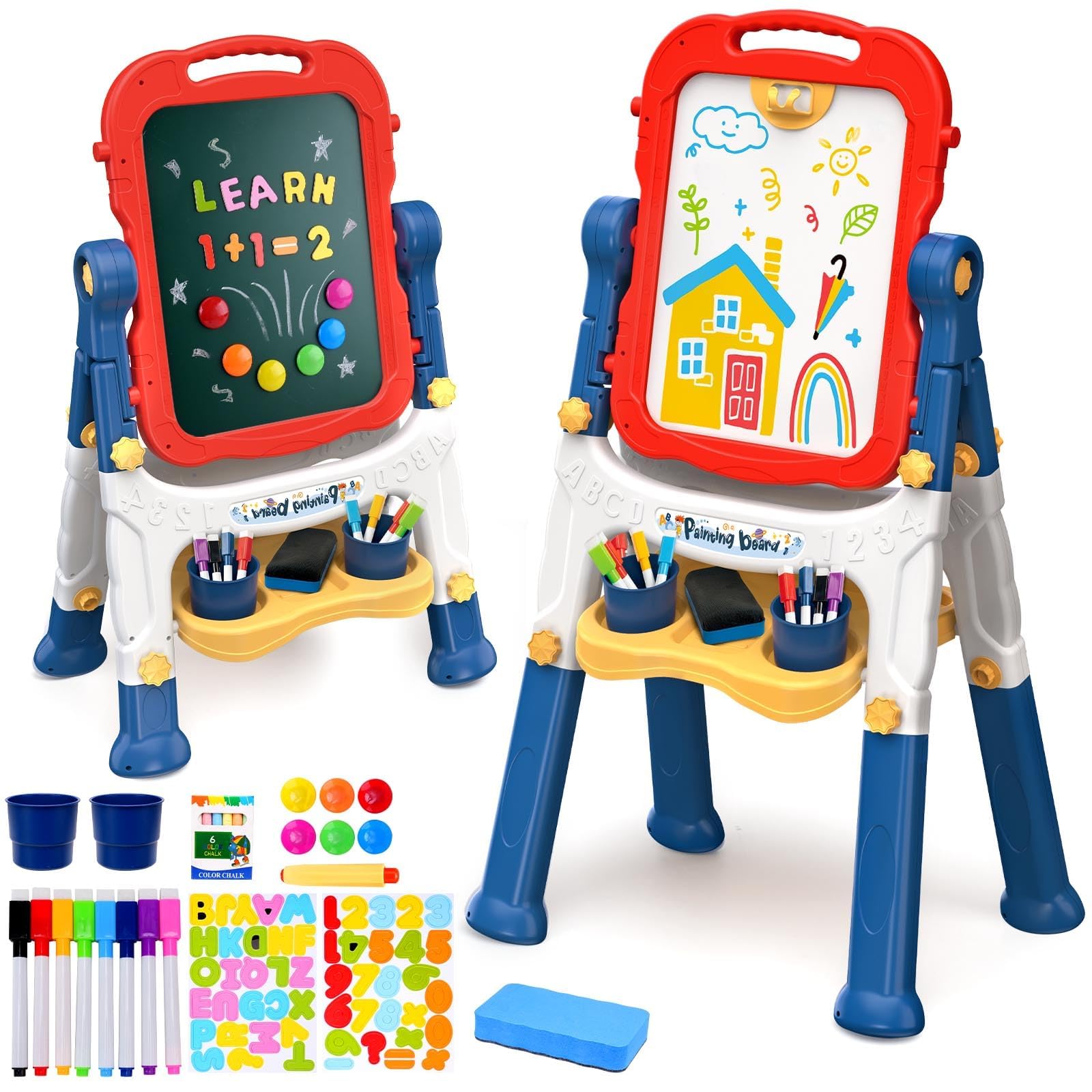 Caballete para niños, caballete para niños, pizarra de tiza de doble cara para niños, pizarra blanca, caballete de arte para niños, caballete de arte de 4 a 8 años, regalo de Navidad, rojo y