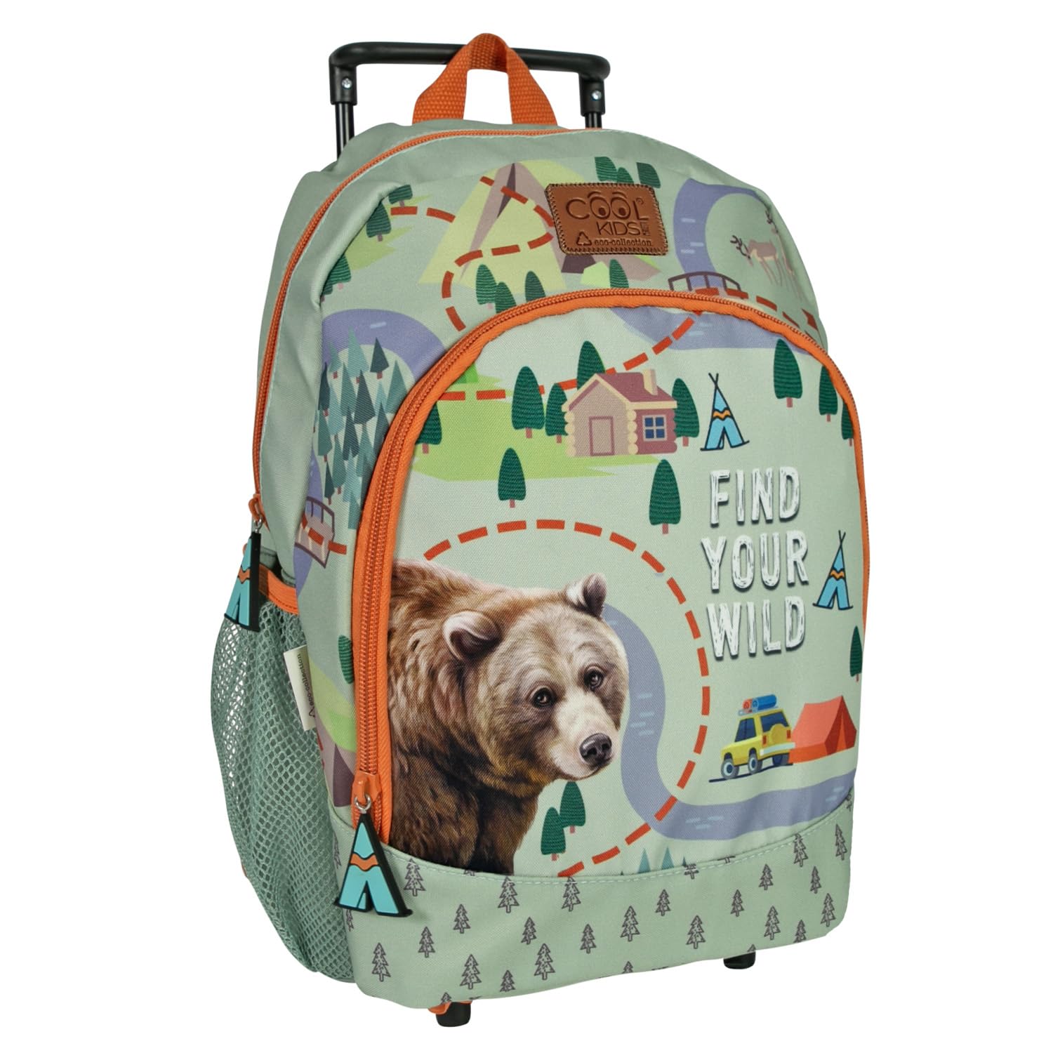 PERLETTI Mochila con Ruedas Niño Ecológica con Oso Bolsillo Frontal - Mochila Trolley Niños Detalles Reflectantes Escuela Viaje - Trolley Infantil Ajustable Material Reciclable - 36x25x15cm (Oso)