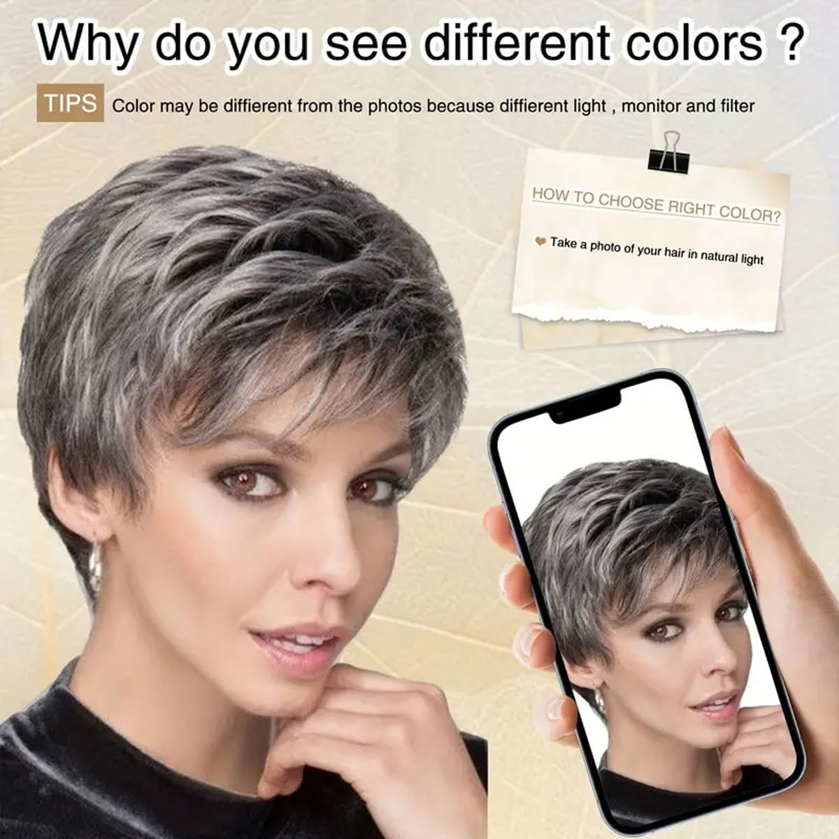 Perruque Synthétique Courte Gris Naturel - Coupe Carrée Lisse Avec Frange, Pour Femme