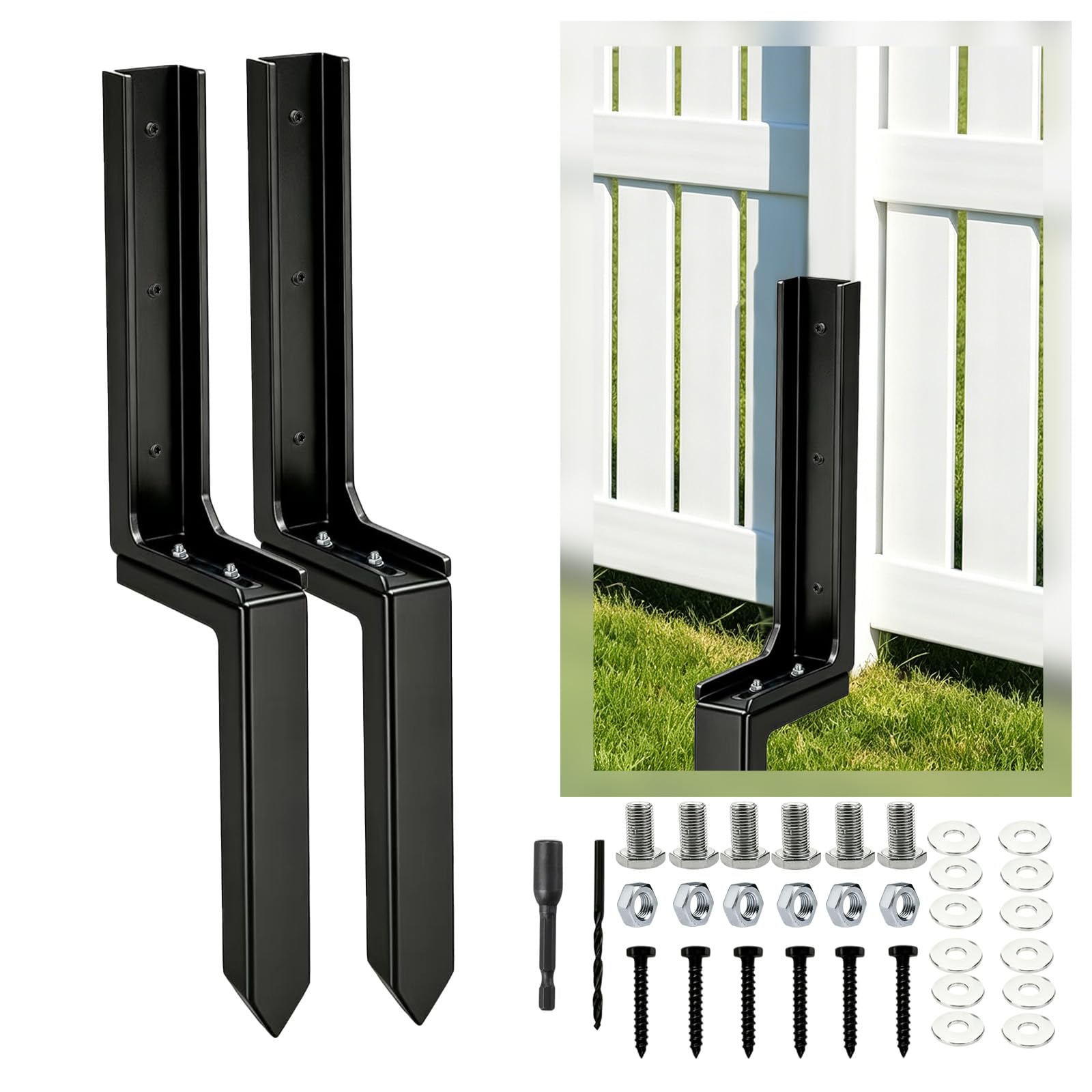 2PCS Fence Post Repair Kit, Heavy Duty Steel Fence Post Anchor, Adjustable Angle & Sliding Design for 4x4 Posts, Fix Leaning Broken Rotting Fence, Ground Spike Support Stakes