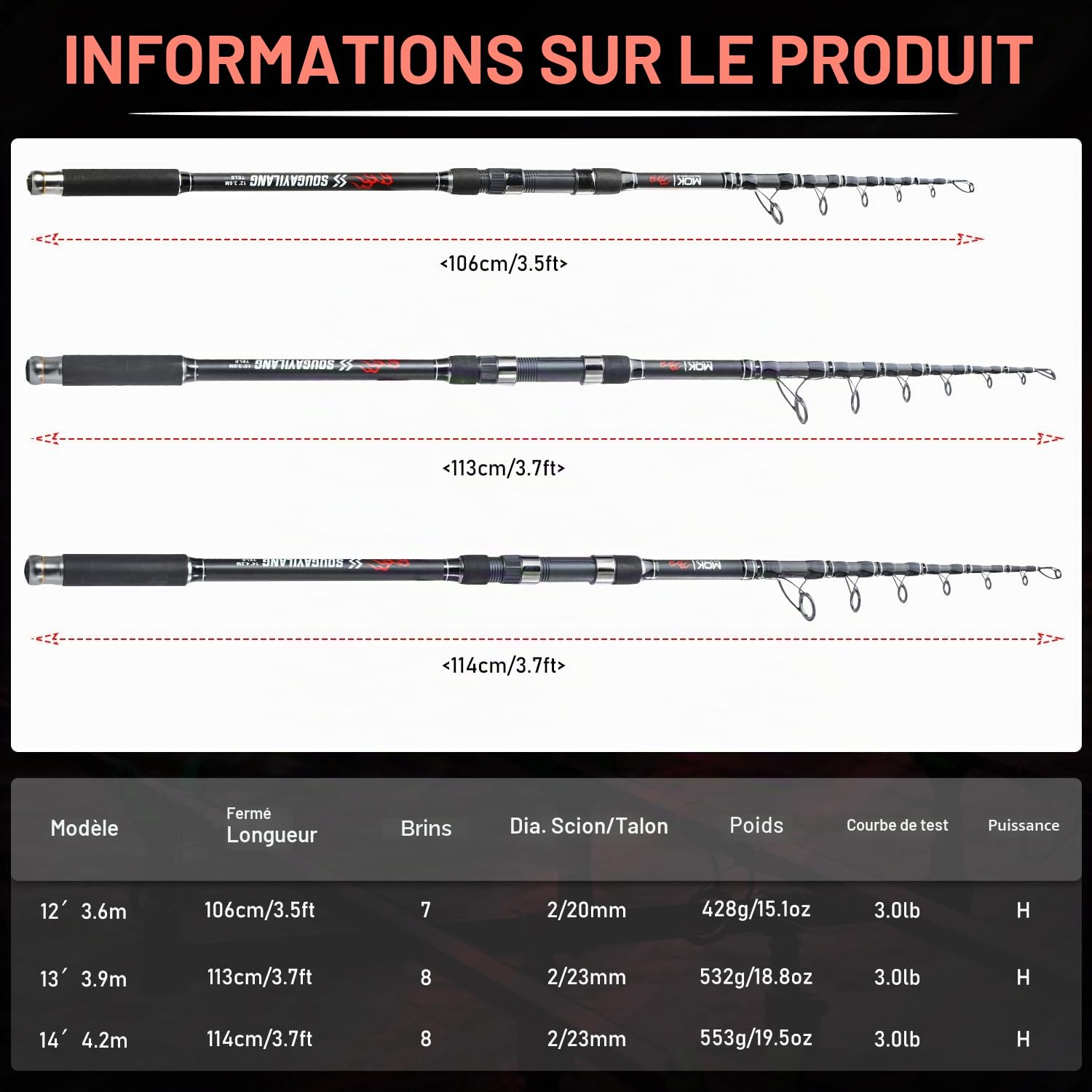 Sougayilang Canne à pêche télescopique en fibre de carbone 3,6 m 3,9 m 4,2 m