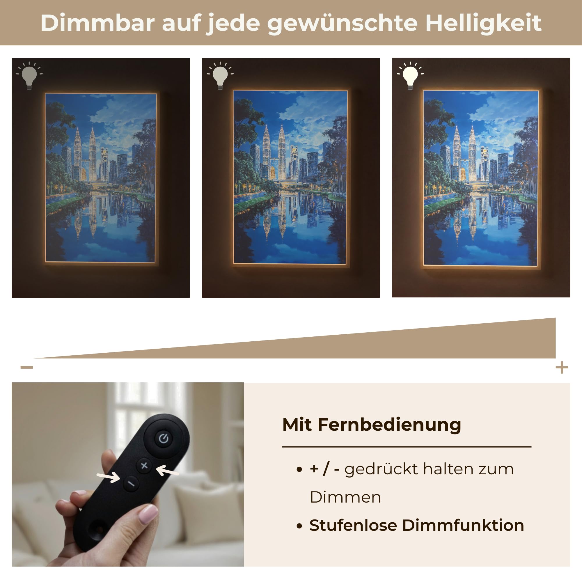 Moderne LED Wandleuchte Innen 60x90 cm Aufladbar Wandbeleuchtung Schlafzimmer Nachtlampe Flach Fernbedienung Warmes Still Licht Dimmbare Lampe Stadt Kuala Lumpur - Skyline - Wasser
