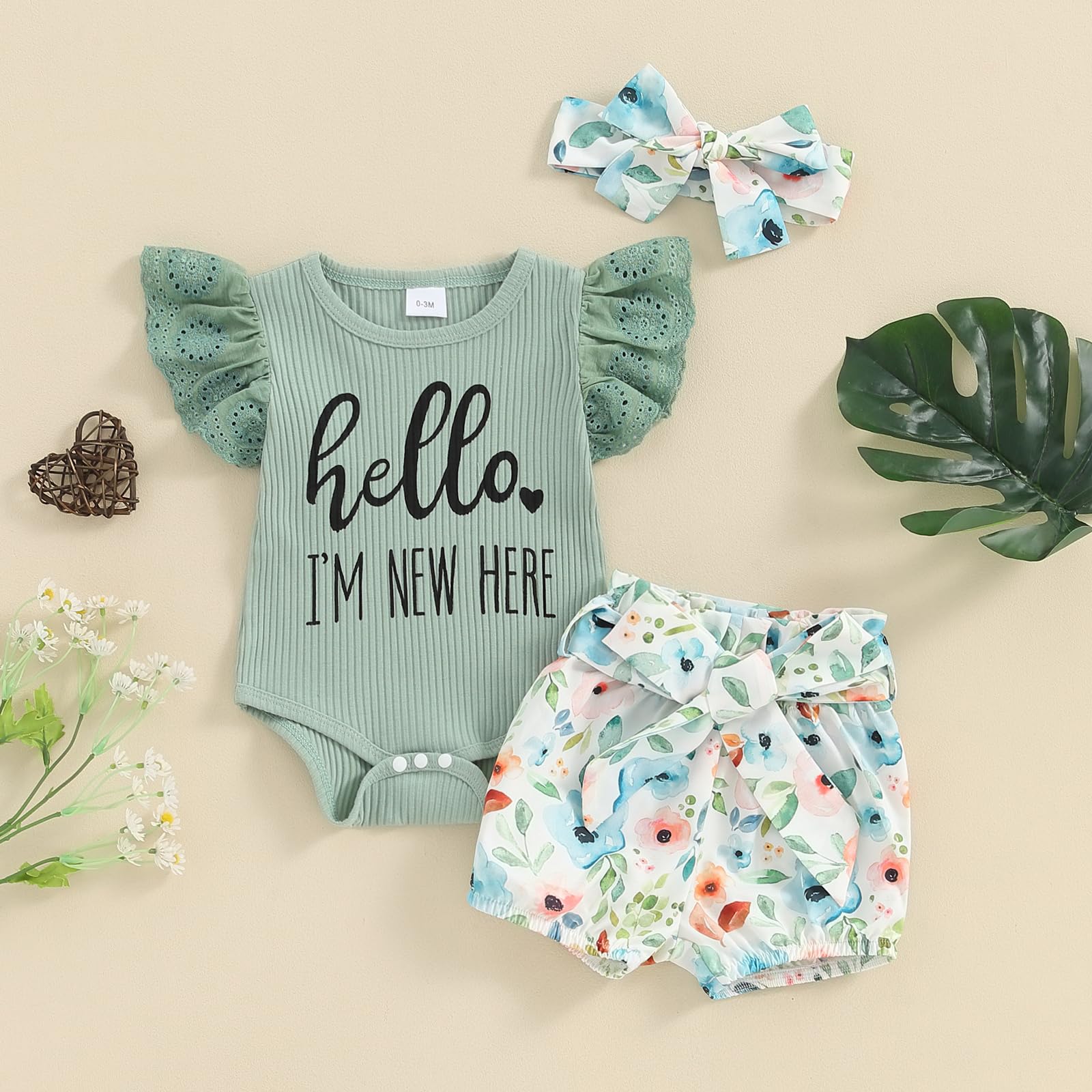 Baby Girl Summer Clothes Newborn Outfit Ribbed Onesie Romper Floral Bloomer Shorts Headband Newborn Girl Clothes (Hello I'm New Here Frill Green, Newborn)