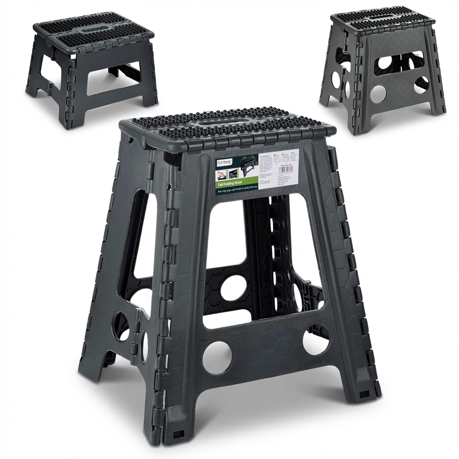 Rainberg Folding Foot Steps Stool 18 Inch, Heavy Duty Folding Stool with Carrying Handle, Portable Anti Slip Surface for Kids & Adults, 300 lbs Load Capacity, for Kitchen, Bathroom, Camping-Black