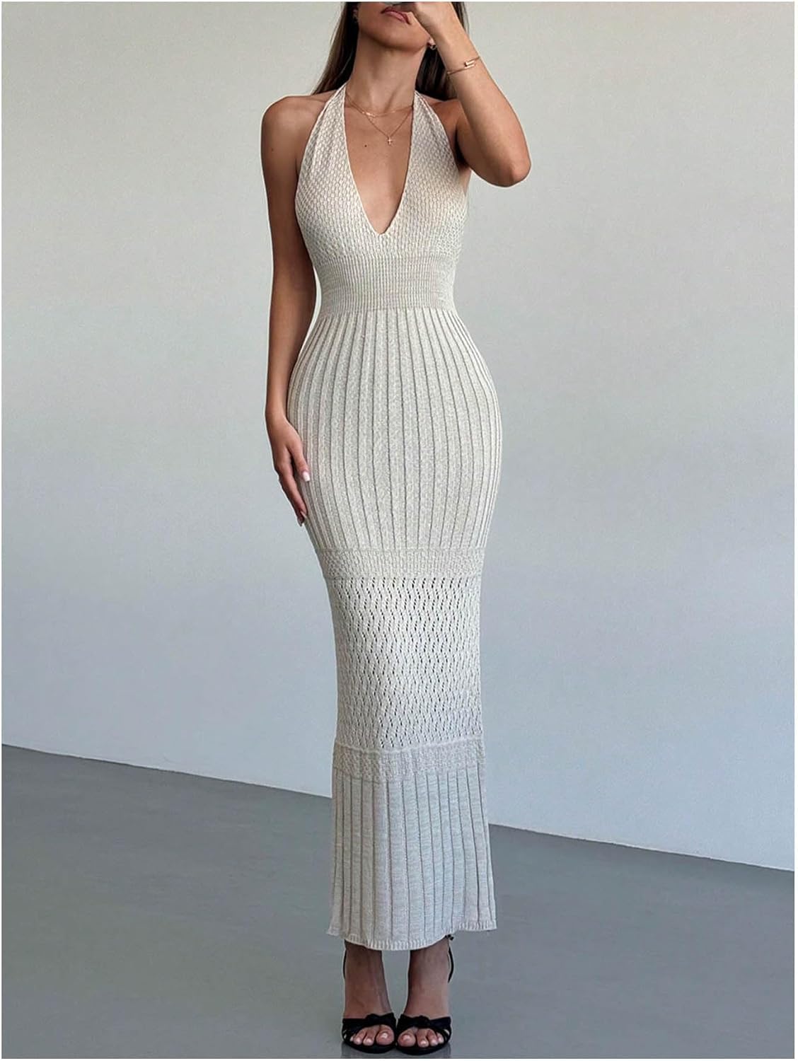 GORGLITTER Women's Crochet Dress Halter Backless Bodycon Deep V Neck Long Knit Maxi Dresses Summer Beach Outfits 2026 - Image 4