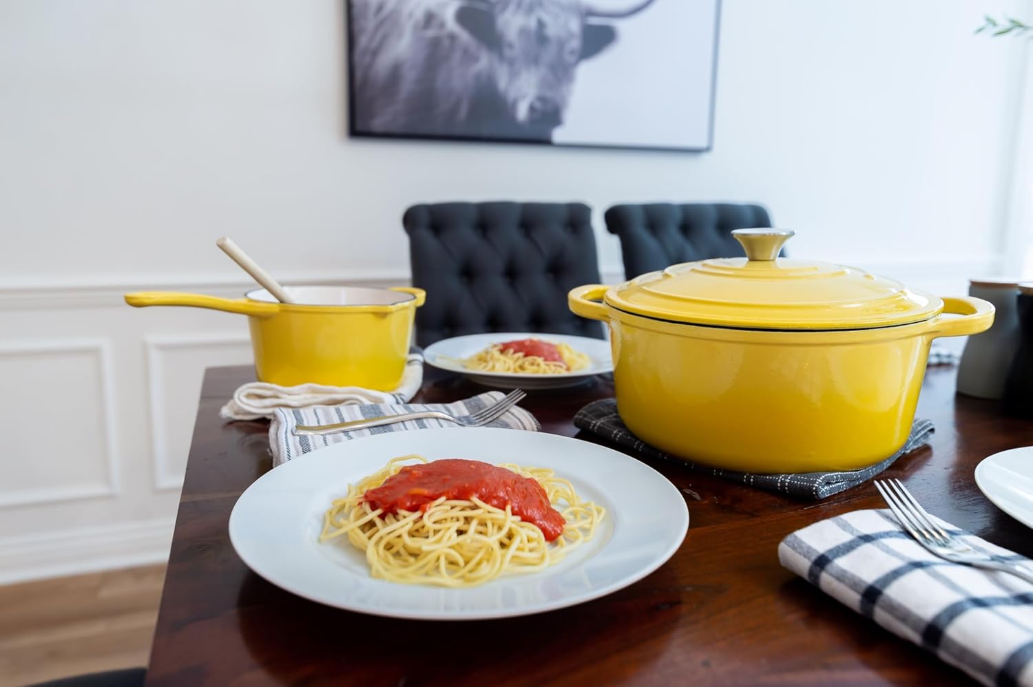 Larder & Vine 4-Piece Enameled Cast Iron Set, Oven Safe and Suitable for All Cooktops – includes 5.7 Quart Dutch Oven Pot with Lid and 2.2 Quart Saucepan with Lid (Limoncello)
