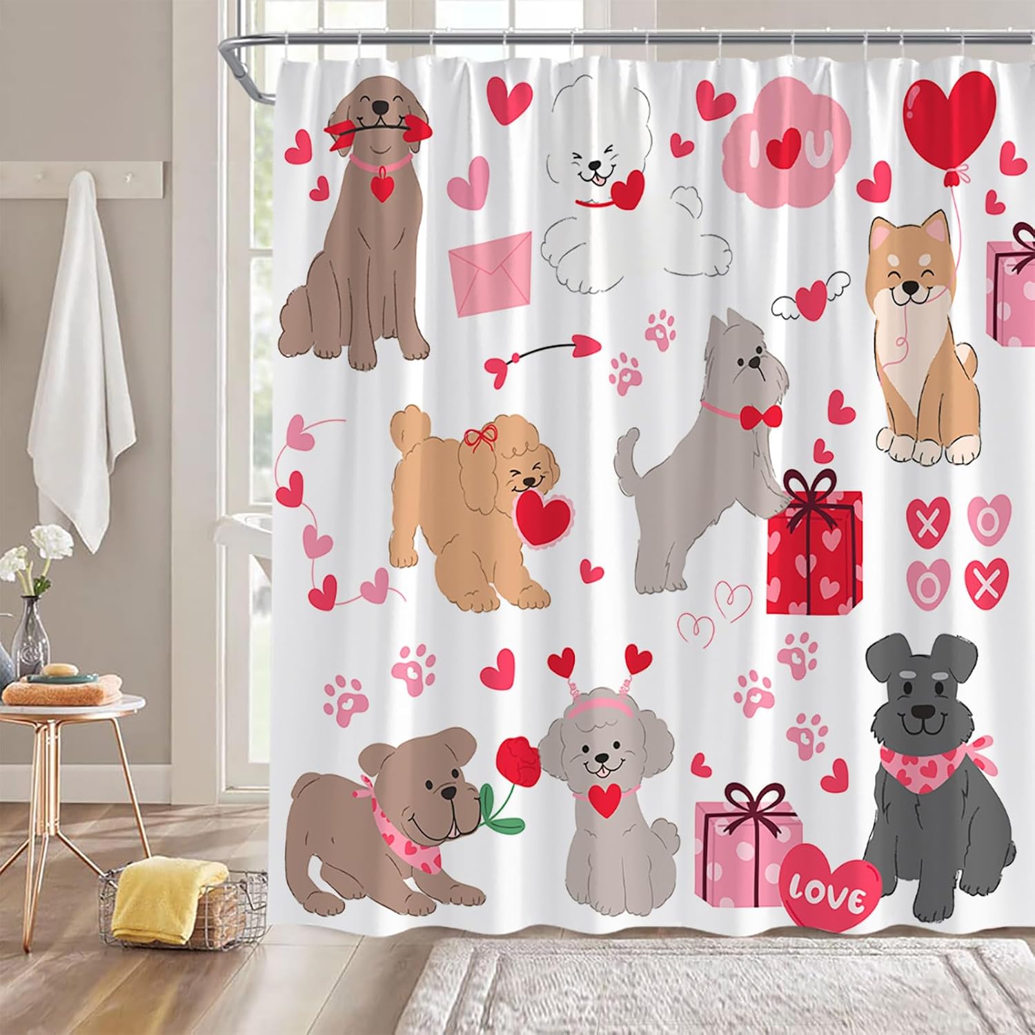 Valentine Shower Curtain Funny Dog Cute Animal Love Heart Sweetheart Romantic Couple Fabric Bathroom Decor Curtains with Hooks,Pink White,70" Wx96 H