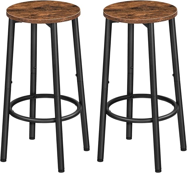HOOBRO Bar Stools, Set of 2 Bar Chairs, Kitchen Round Height Stools with Footrest, Breakfast Bar Stools, Sturdy Steel Frame, for Dining Room, Kitchen, Party, Easy Assembly,Rustic Brown BF03BY01