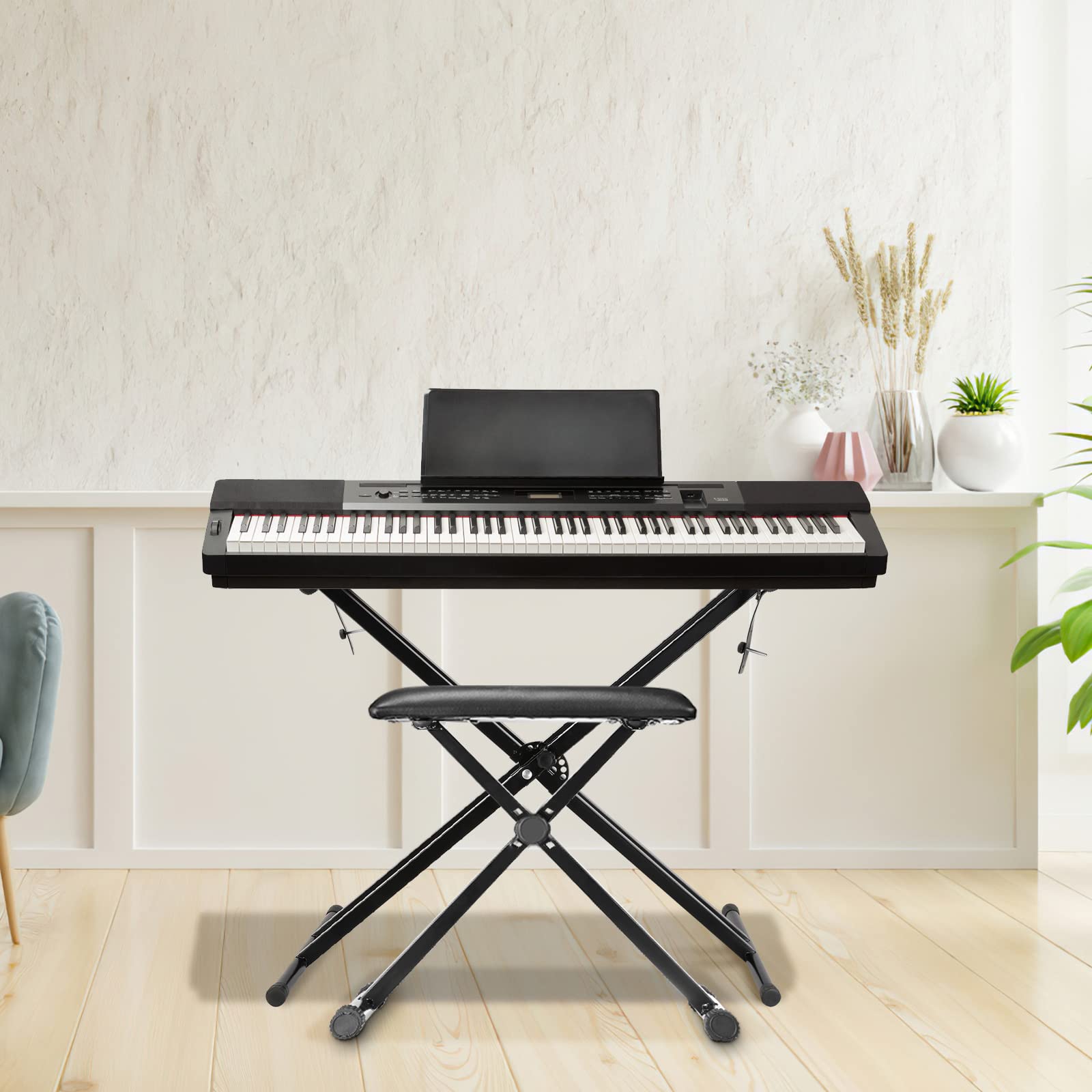MAMIZO Supporto per tastiera con sgabello, regolabile in altezza, tastiera e sgabello per tastiera, doppio X-Frame Keyboard Stand Set di sgabelli per tastiera pieghevole, per pianoforte, nero