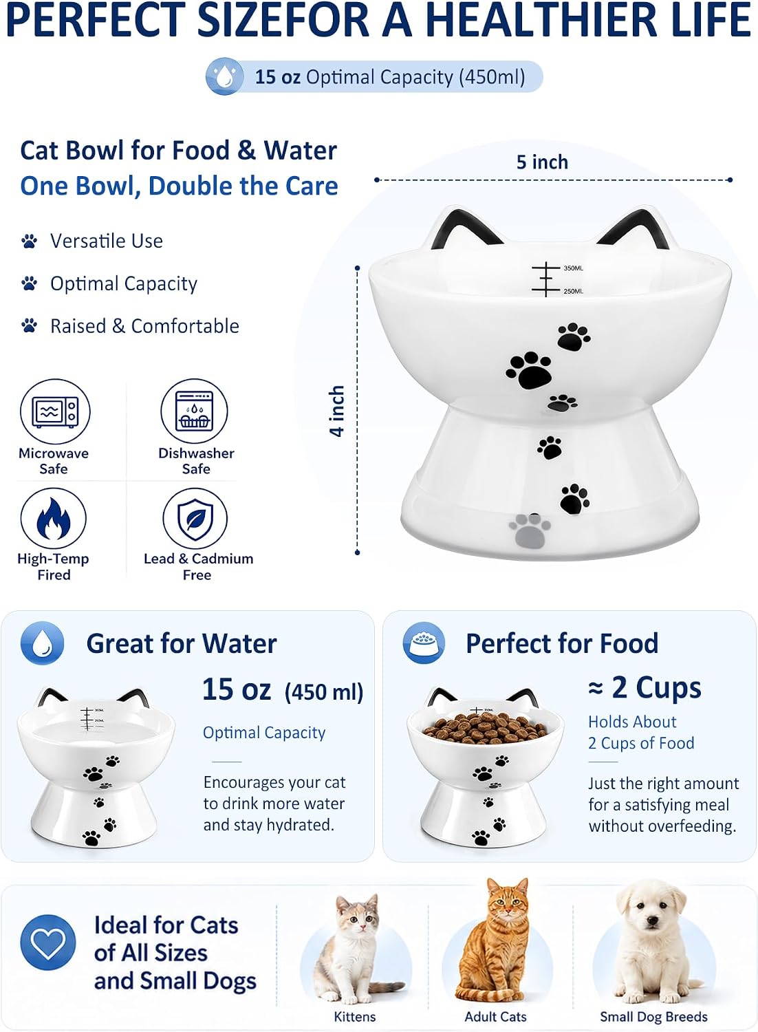 Porcelain Raised Cat Bowl, No Spill Cat Water Bowl with Anti Slip Band, Elevated Porcelain Pet Bowl Protect Pet's Spine, Large Capacity Pet Water Bowl, 15 oz, Dishwasher Safe | Anti Vomiting, Whisker Friendly, Shallow Food Dish and Deep Water Bowl, Anti-Slip Base, Lead&Cadmium-Free, Senior-Pet Access