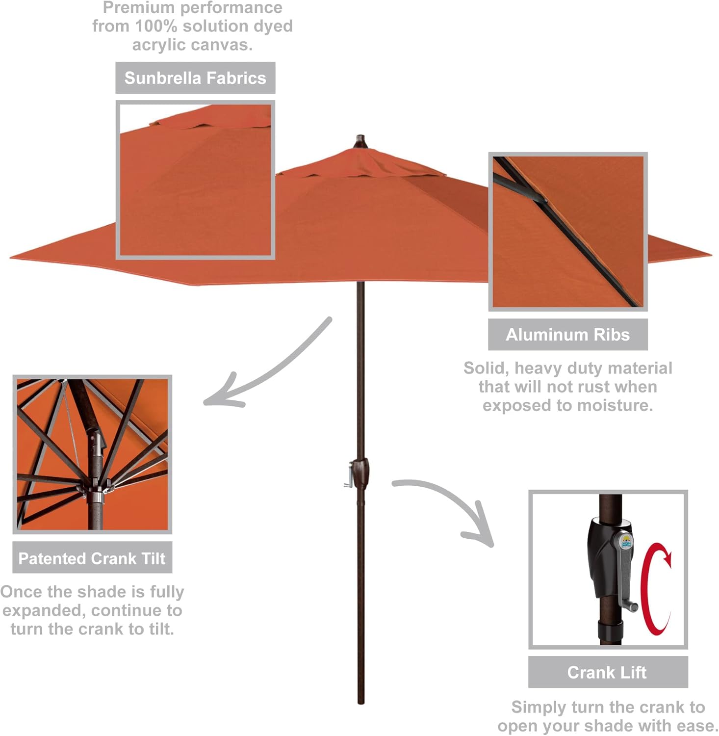 California Umbrella 9' Rd Sunbrella Aluminum Patio Umbrella, Crank Lift, Auto Tilt, Bronze Pole, Melon Fabric