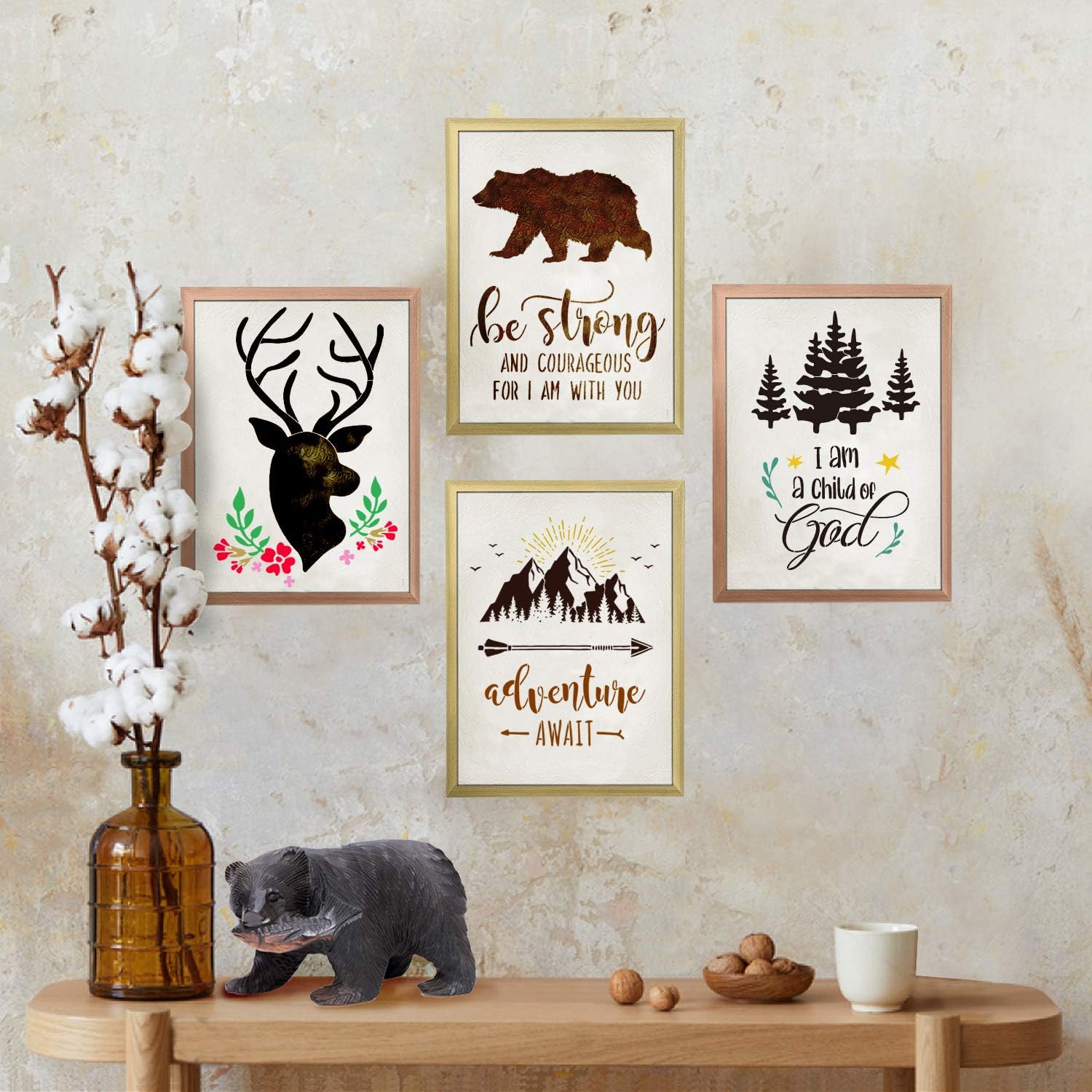 GSS Designs Word Stencils Inspirational Quote Stencils A4 Size (4 Pack) - Forest Mountian Animals Deer Bear Stencils for Painting on Wood Wall Canvas Poster Pillow for Word Art (SL-102)