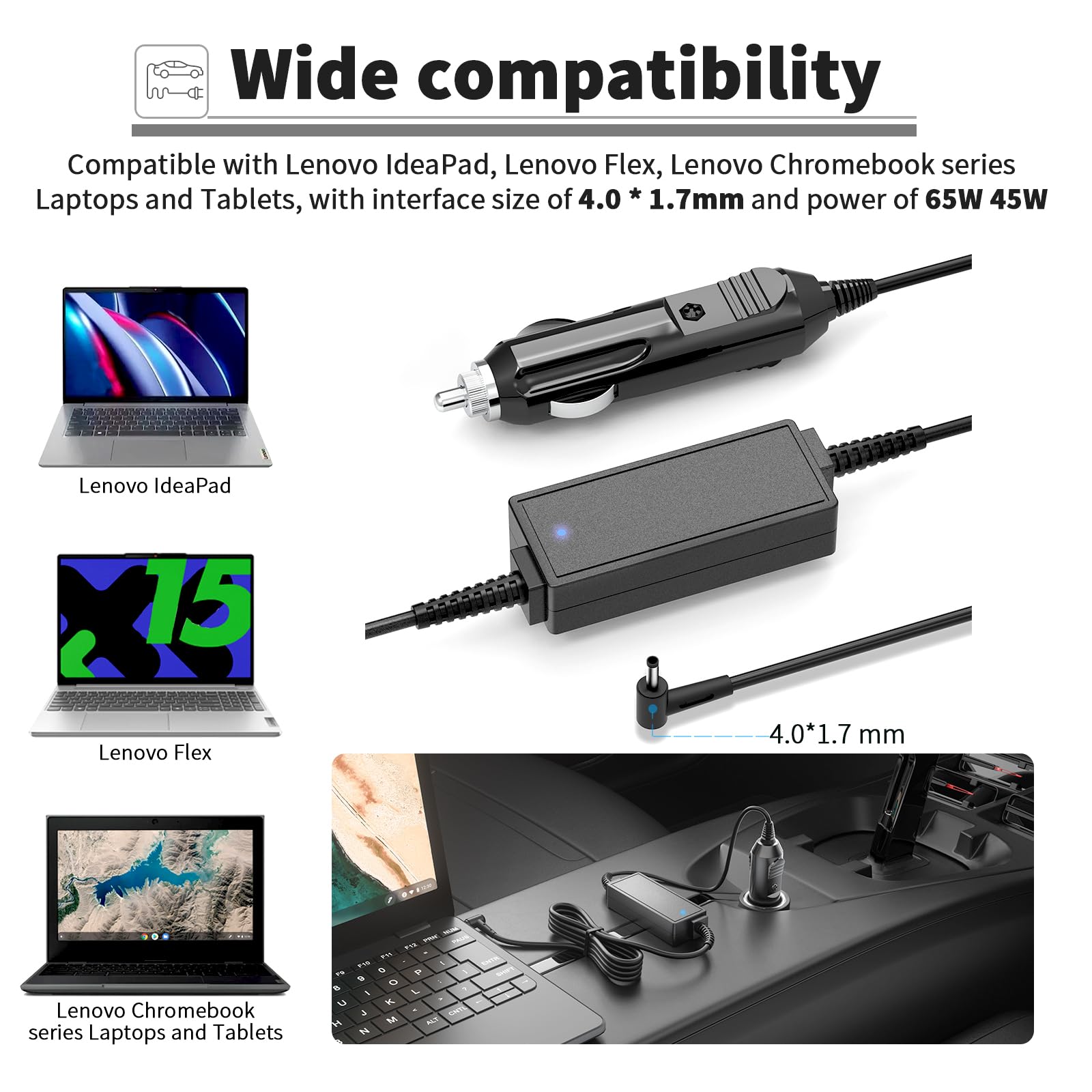 65W Cargador de Coche para Lenovo IdeaPad 1 3 5 110 110s 310 320 330 | Carga de 65W, compatible con Lenovo IdeaPad 1 3 5 110 110s 310 320; ideal para trayectos diarios, trabajo y viajes en coche.