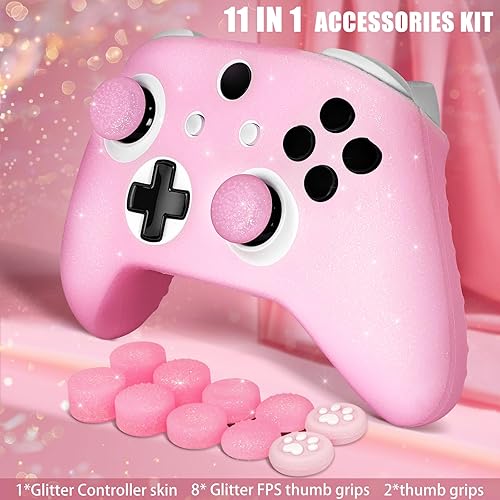 Miniatura 2 de Funda protectora de silicona antideslizante con purpurina rosa compatible con el controlador Xbox ONE SX, 8 tapas de agarre para el pulgar con