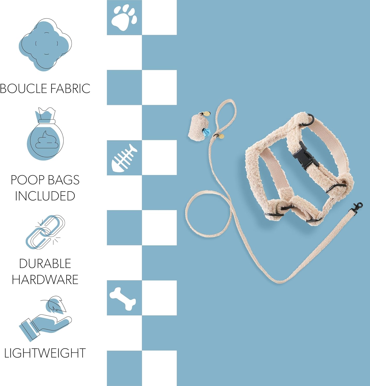 WLK1000A-4SET Teddy Extra Small Bouclé Adjustable H Harness and Leash Walk Set with Poop Bag Pouch, Camel