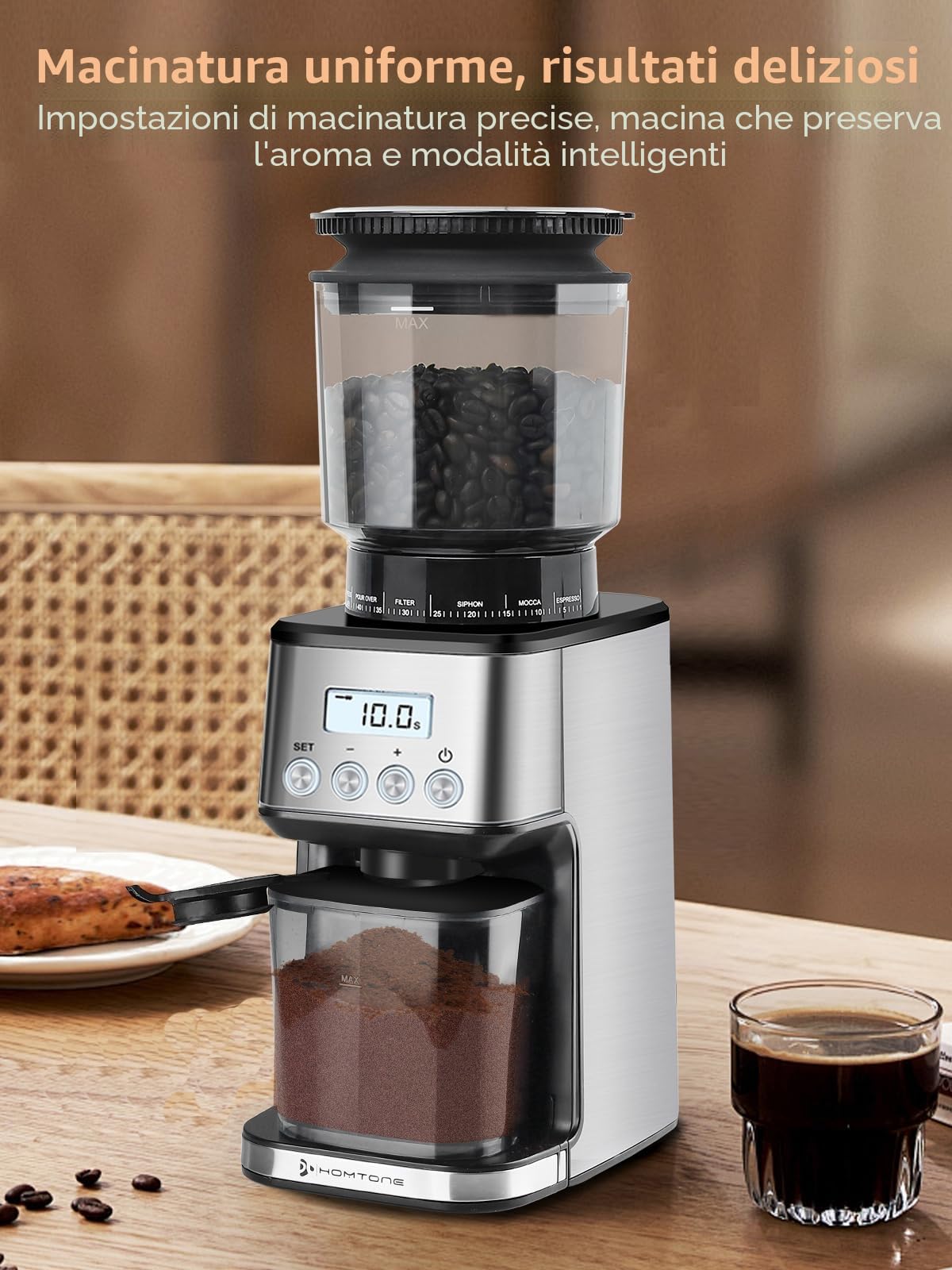 Homtone Macinacaffè Elettrico con 51 Livelli di Macinatura Regolabili, Macine Coniche in Acciaio Inox, Tecnologia Antistatica, per Espresso, Caffè Filtro e French Press, 160W (Argento)