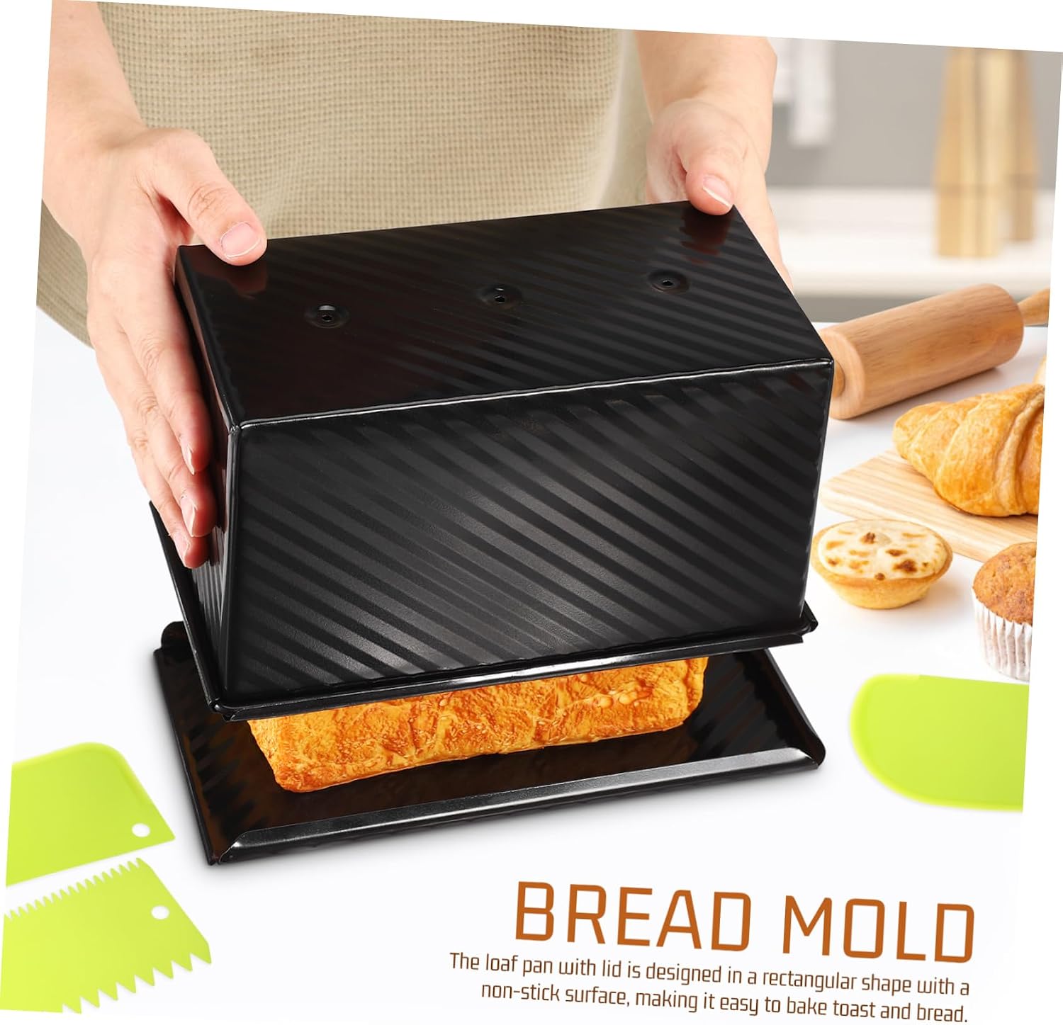 Mobestech Non-Stick Loaf Pan with Lid Rectangular Baking Mold for Sandwich Bread Includes 3 Scrapers Sturdy Carbon Steel for Homemade Bread Baking