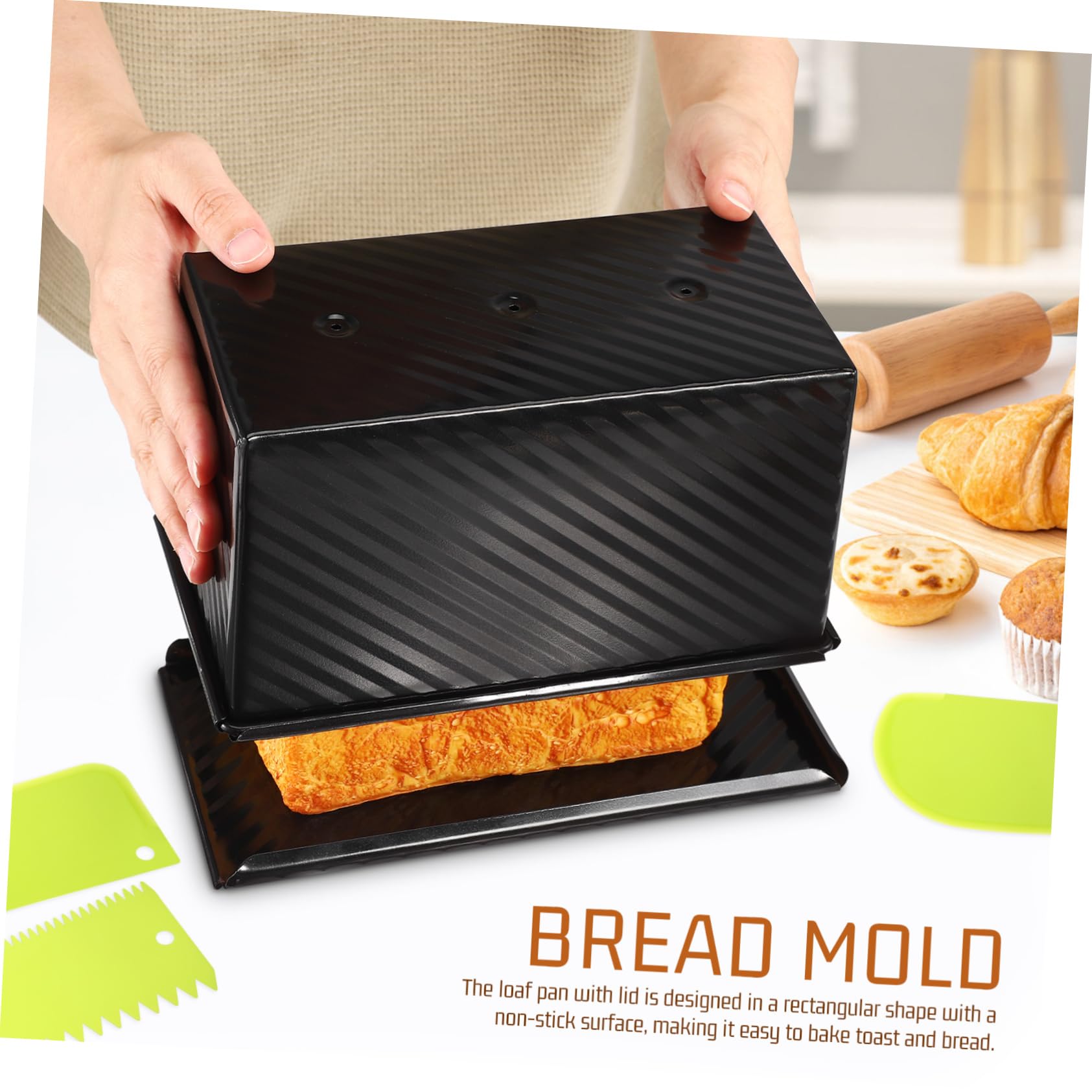 Kastenform mit Deckel 3 Stück Schwarz aus Kohlenstoffstahl | Quadratische Form, zum Backen von Brot und Toast, Inklusive Teigschaber