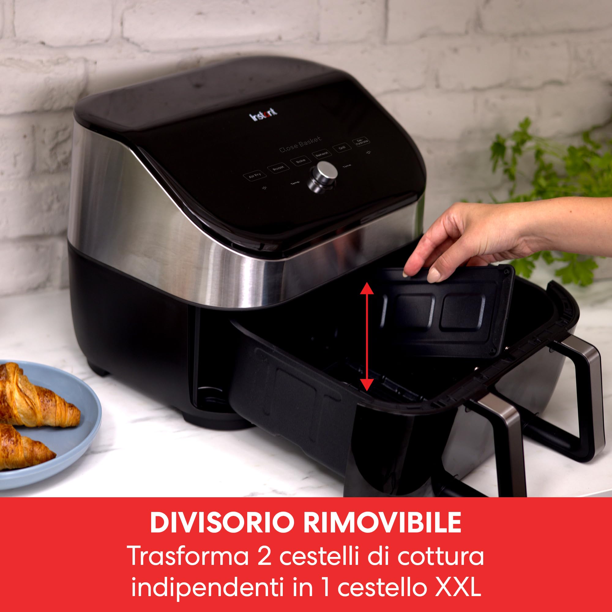 Instant VersaZone Friggitrice Digitale ad Aria in Acciaio Inox con Finestra 8,5L / XL Cassetto Modulare 2 zone, 8 programmi - Friggere, Cuocere, Arrostire, Grigliare, Disidratare, Riscaldare - 1700W