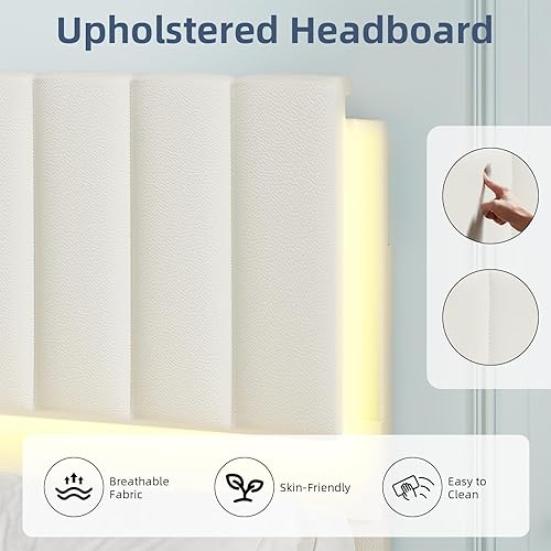 Miniatura 4 de Base de cama tapizada individual con luces LED, plataforma de piel sintética con cabecera y soporte de listones de madera, no necesita somier, sin