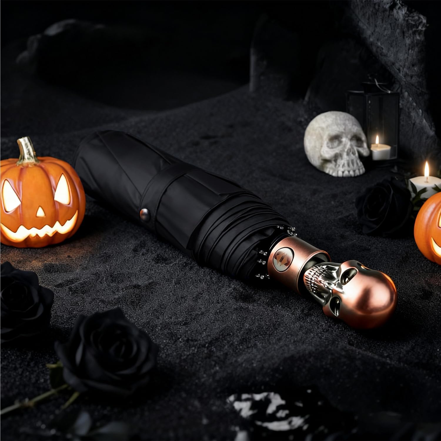 Lejorain Mens Black Skull Umbrella - Automatic Luxury Travel Windproof Umbrella Compact - Portable Strong Lightweight Rain Umbrella for Adults