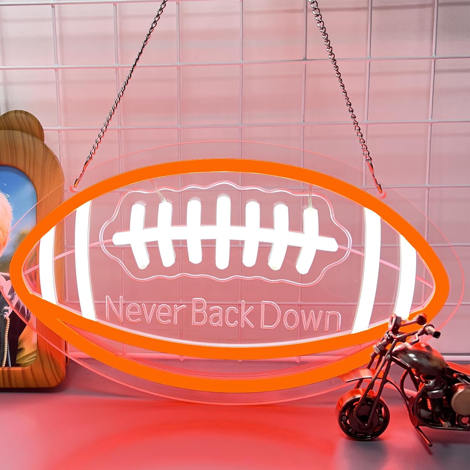 American Football LED Neon Sign - "Never Back Down" Motivational Sports Decor for Home Gym, Man Cave, Fan Cave, Bedroom - Realistic Stitching Design with Orange & White Light - Unique Gift for Athletes(13.4x8inch)