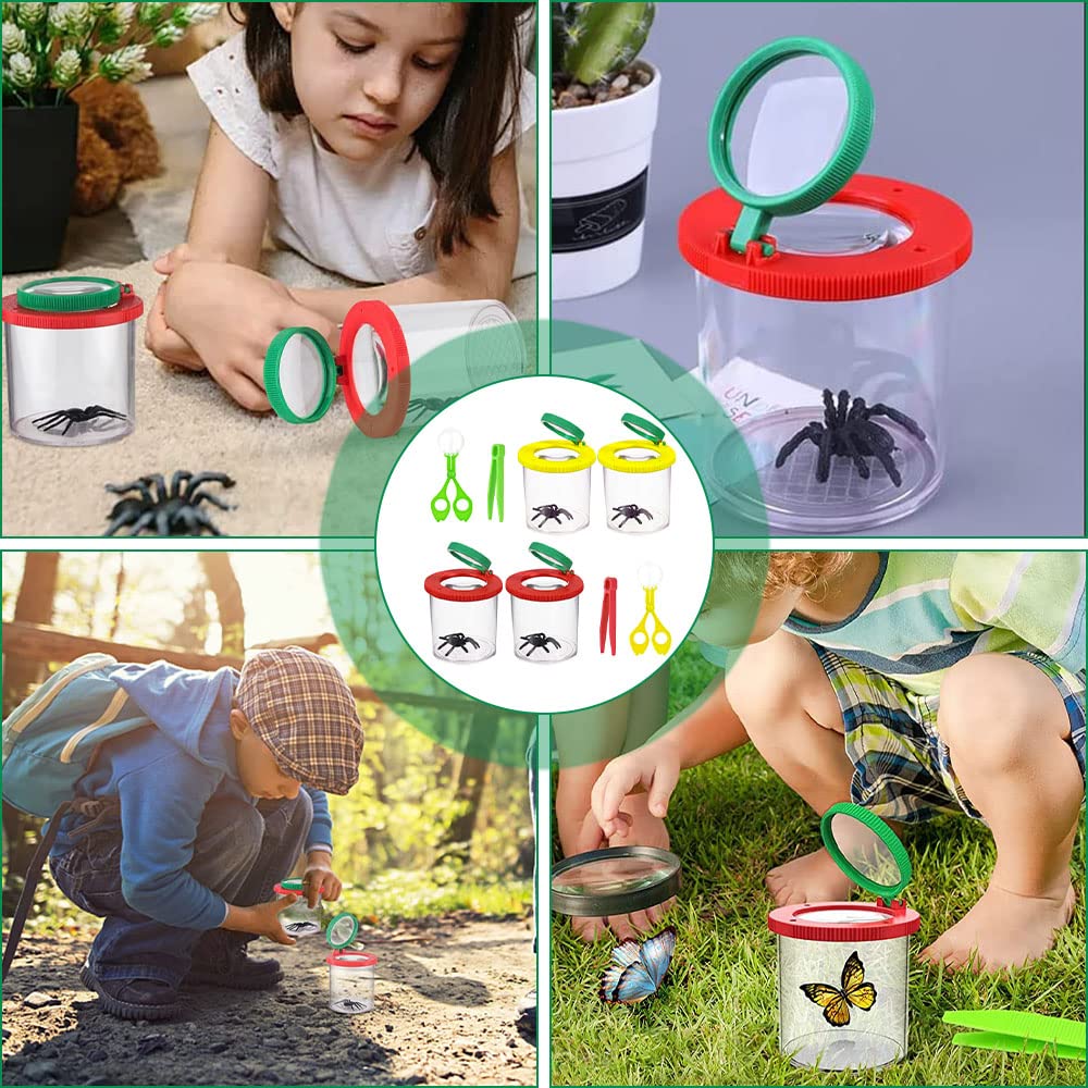 LUFEIS Barattolo per Insetti per Bambini, Educational Toys Barattolo Osserva Insetti, 4 Pezzi Lenti d'Ingrandimento con Pinzette in Plastica, Contenitore per Lente, per Piccoli Animali