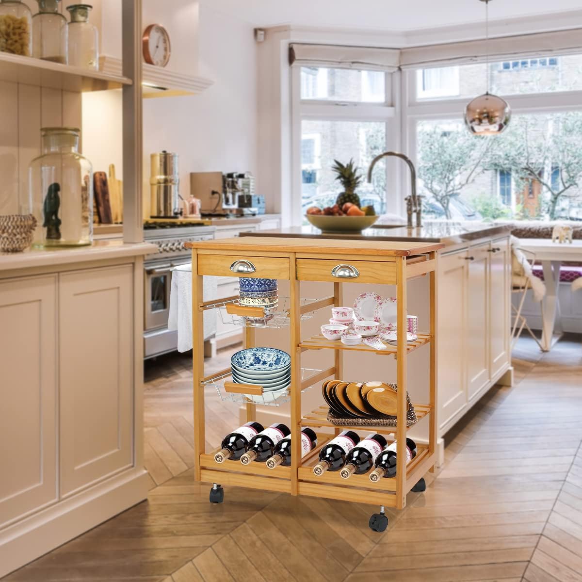 ZenStyle 4-Tier Rolling Kitchen Island Trolley Utility Wood Kitchen Storage Cart Microwave Cart w/Towel Rack, Drawers, Shelves, 6 Bottle Wine Rack