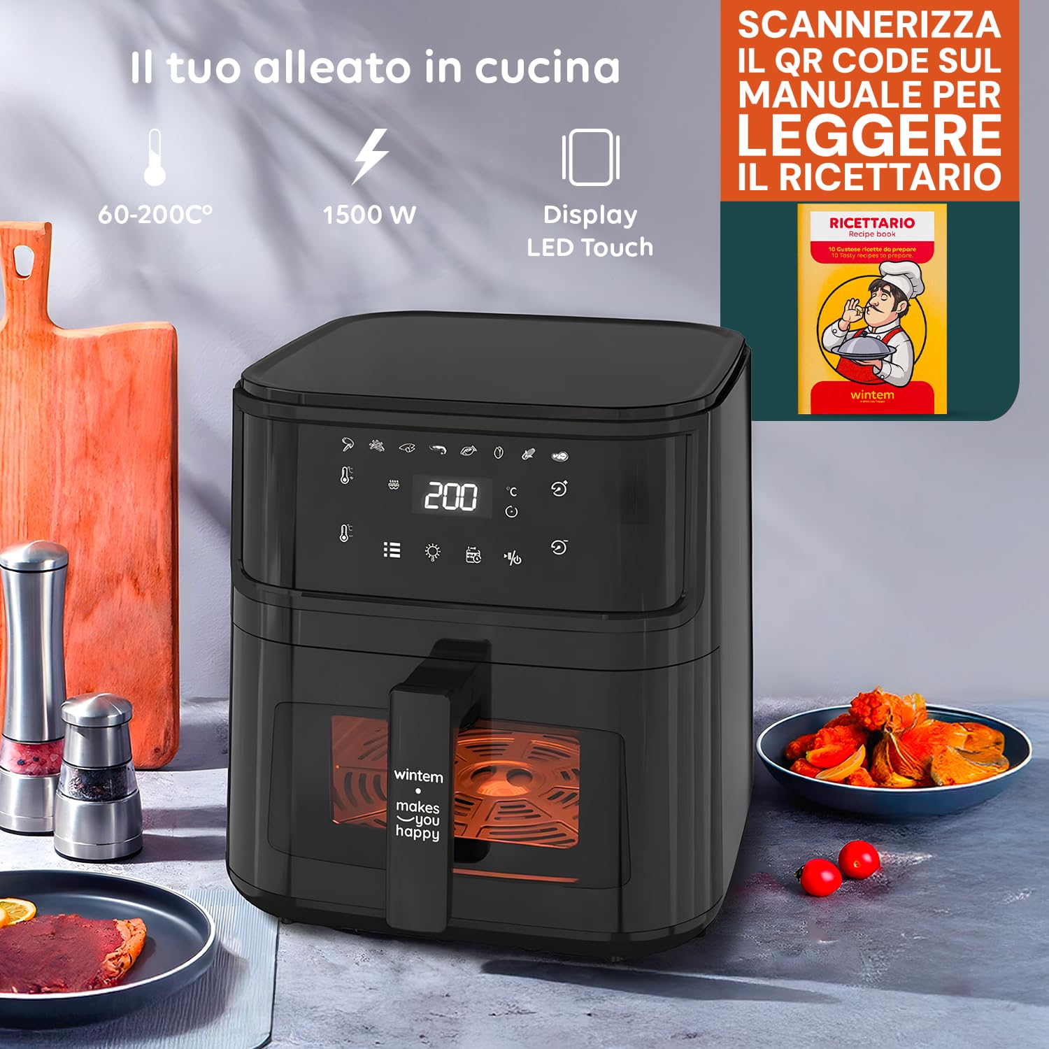 Avilia Friggitrice ad Aria Digitale 8L, 1500W, Pannello di Controllo Digitale, Timer e Temperatura Regolabili, Cestello e Griglia Lavabili in Lavastoviglie, 8 Funzioni e Ricettario e Pinza Incluso