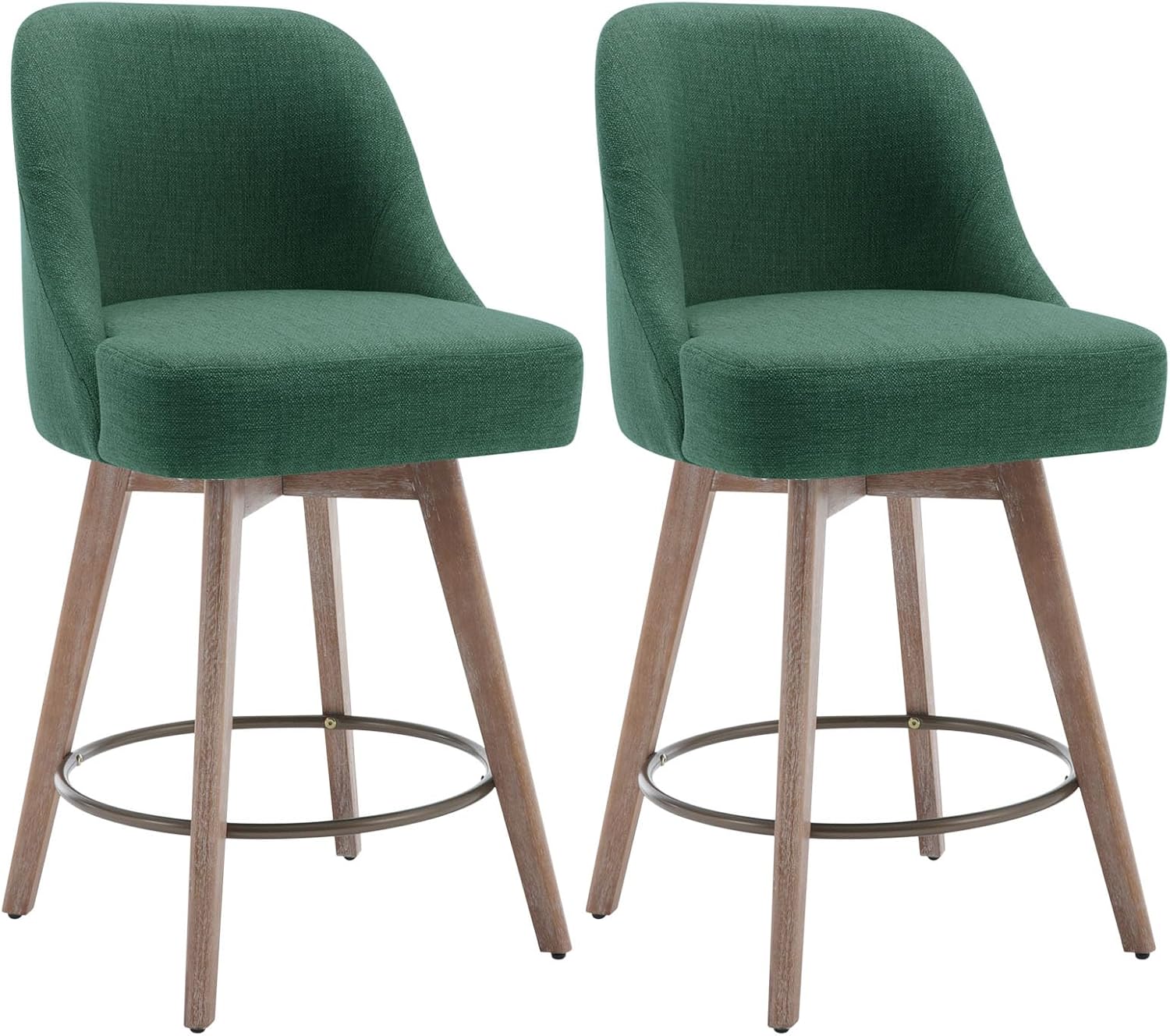 Bekrvio Counter Height Bar Stools Set of 2, Modern Mid-Century Swivel Barstools with Backs and Wood Legs, Linen Fabric Upholstered Bar Chairs, 26" Seat Height Counter Stools for Kitchen Island, Green