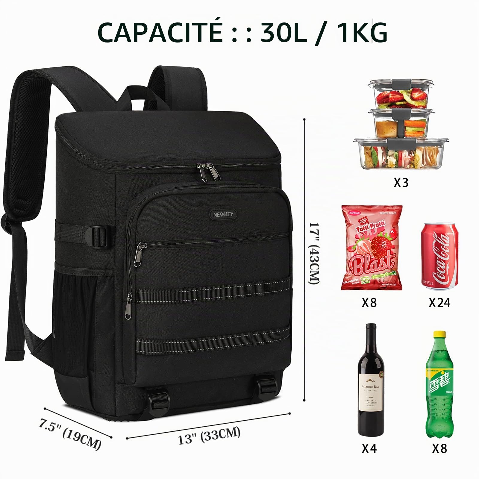 NEWHEY 30L Sac à Dos Isotherme Étanche Glacière Grand Sac à Dos de Pique-Nique Alimentaire Léger Déjeuner Camping BBQ Randonnée Noir