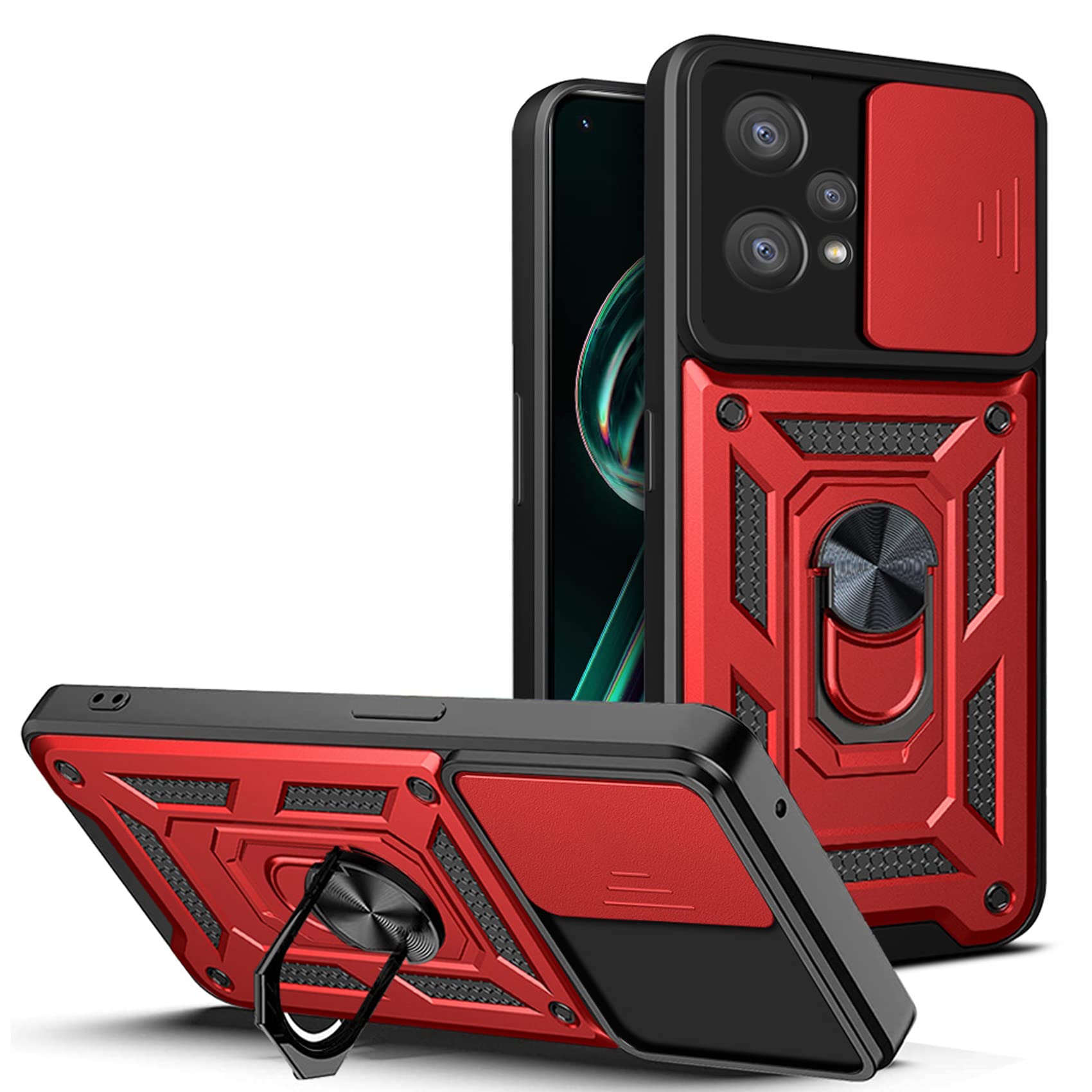 Hi-Case Custodia Realme 9 Pro+ / 9 4G Con Sportello Scorrevole Fotocamera E Anello Magnetico - Rossa, Antiurto - 4