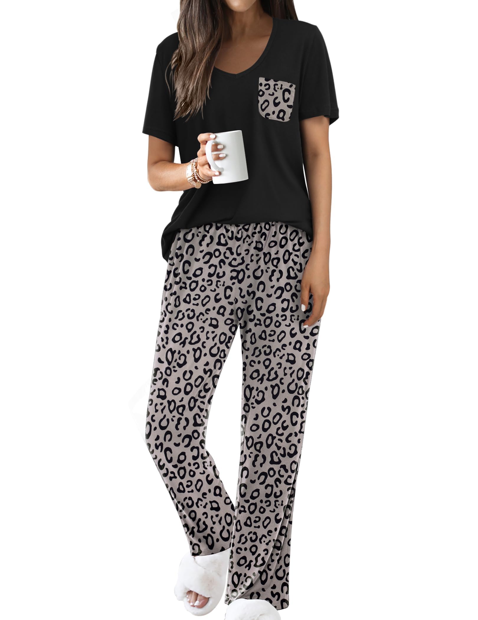 Famulily Schlafanzug Damen Kurzarm Zweiteilige Sommer Outfits V-Ausschnitt Loungewear Tops und Loose Fit Wide Leg Printed Hose mit Taschen S-XXL