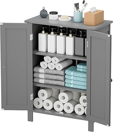 HomGarden Armario de almacenamiento de baño con 2 estantes, 3 puertas dobles de altura ajustable, color gris