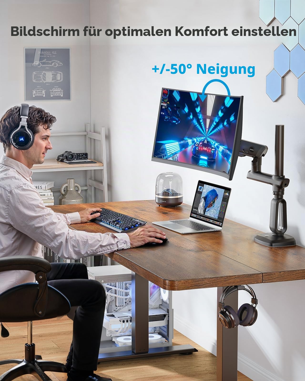 HUANUO Monitorhalterung für 49 Zoll Ultrawide-Bildschirme, Tragkraft 18 kg, verstellbare Bildschirmhalterung für Gaming mit Einer maximalen Höhe von 739 mm, VESA 75 x 75 100 x 100 mm
