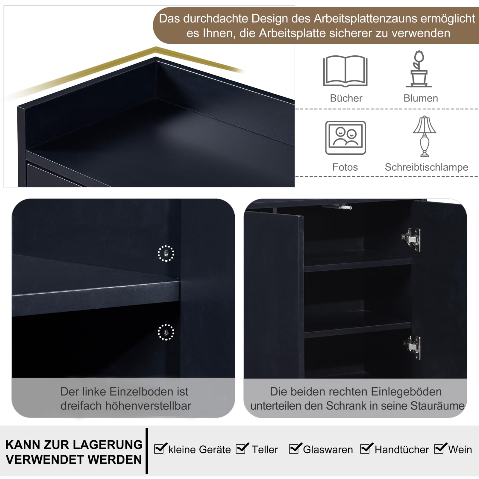 Credenza 120 cm, madie moderne soggiorno con 4 ante, buffet mobile cucina con ripiano regolabile e gambe in metallo, per cucina, soggiorno, sala da pranzo, ingresso (nero, 120 x 30 x 80 cm)