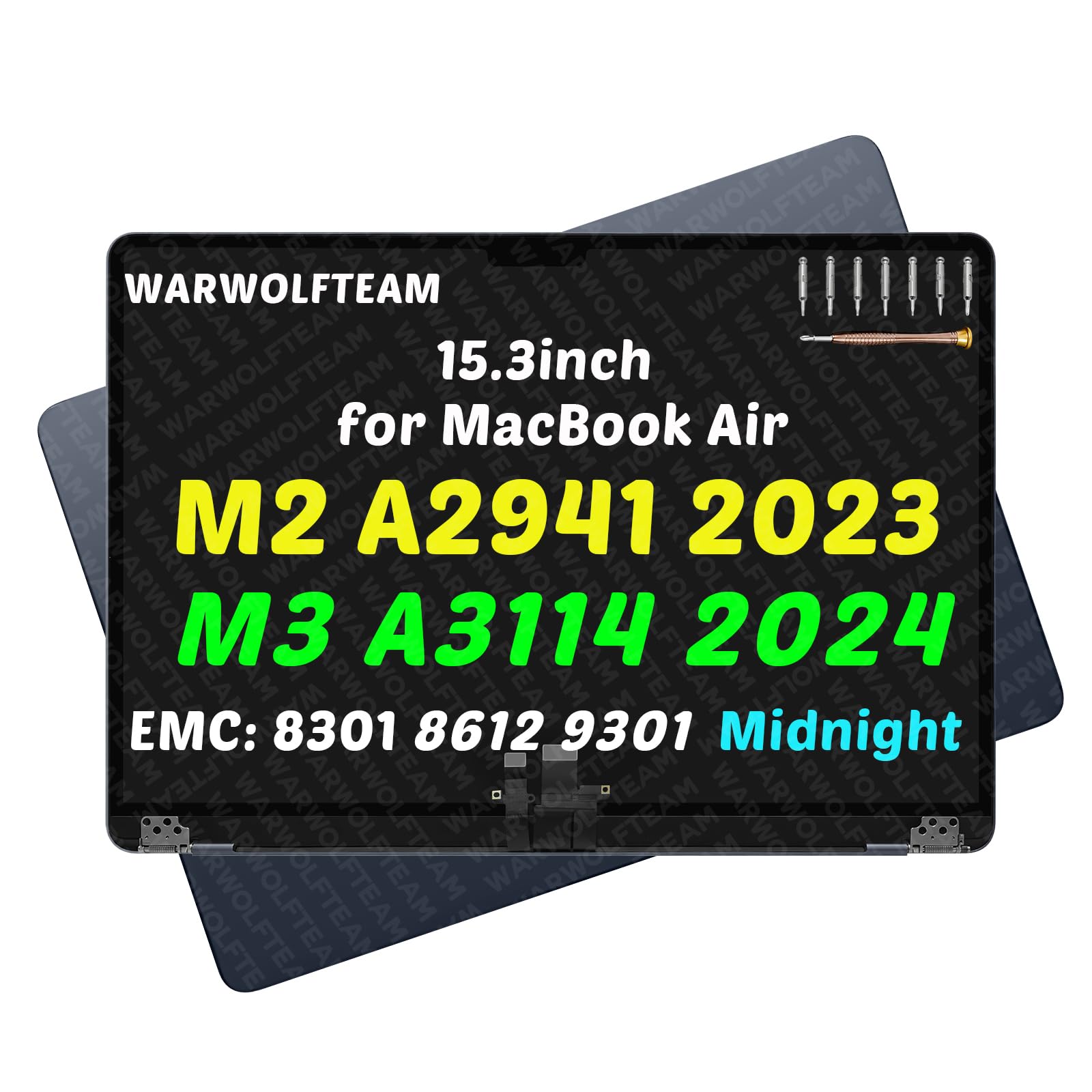 Photo 1 of WARWOLFTEAM 15.3inch Compatible with MacBook Air Retina A2941 2023 M2 EMC 8301 A3114 2024 M3 EMC 8612 EMC 9301 2880 x 1864 LCD Screen Display Replacement Complete Assembly (Midnight)