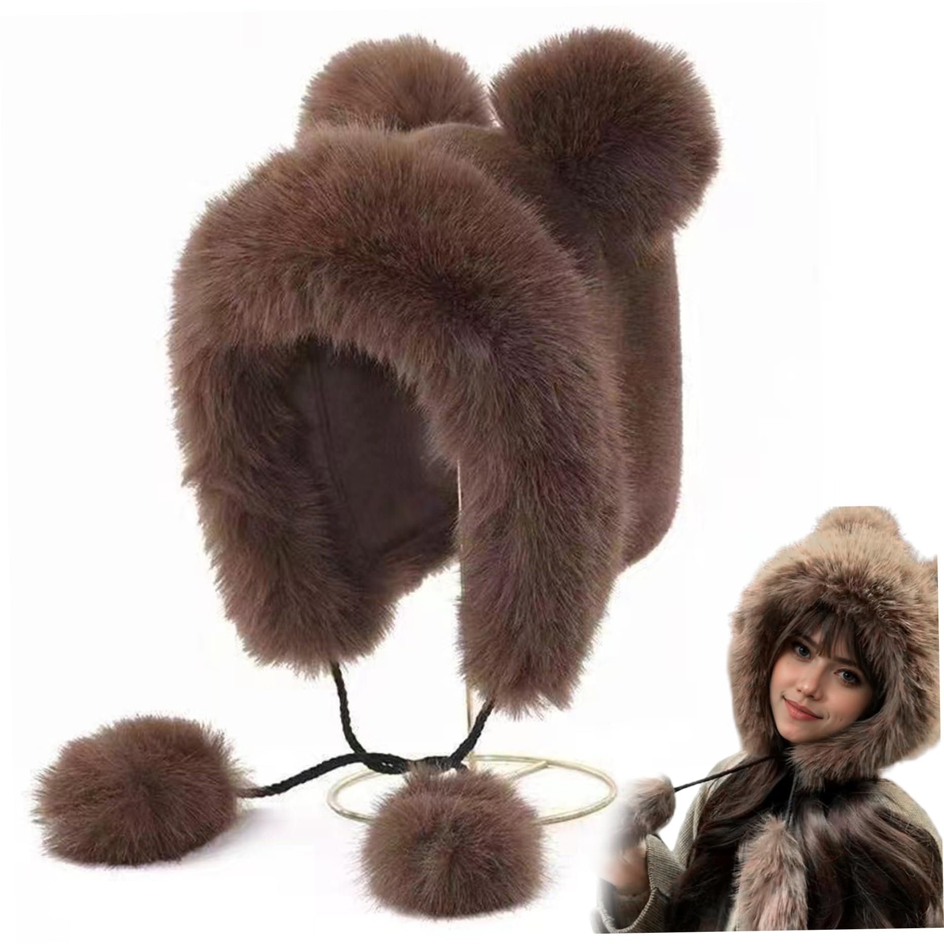 Bear Hat Furry Plush Animal Hat with Ear Soft Warm Winter Beanie for Adults Women Girls, Coffee, Home Decors